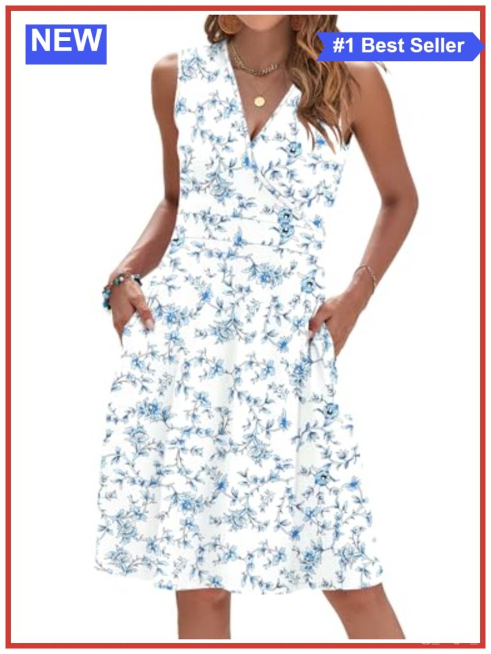 Sleeveless V Neck Faux Wrap Summer Dress with Pockets